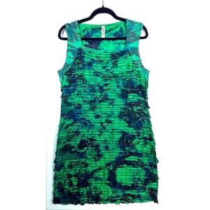 Green Black Abstract Ruffle Dress XL Art To Wear Whimsy Garden Party Boho Alien